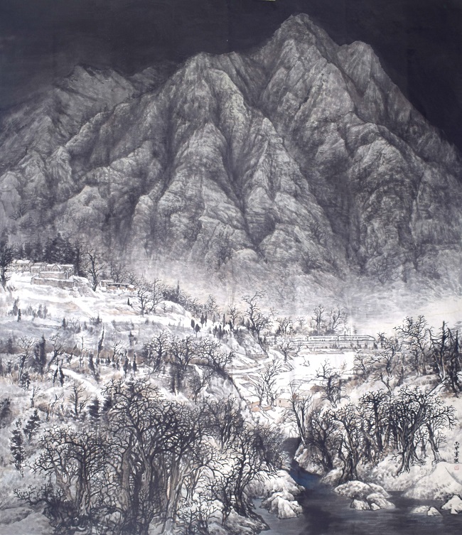 中国画《风雪山谷高铁行》.jpg