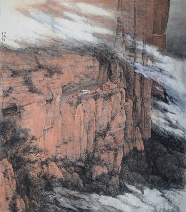 中国画《绝壁天路祥云在》.jpg